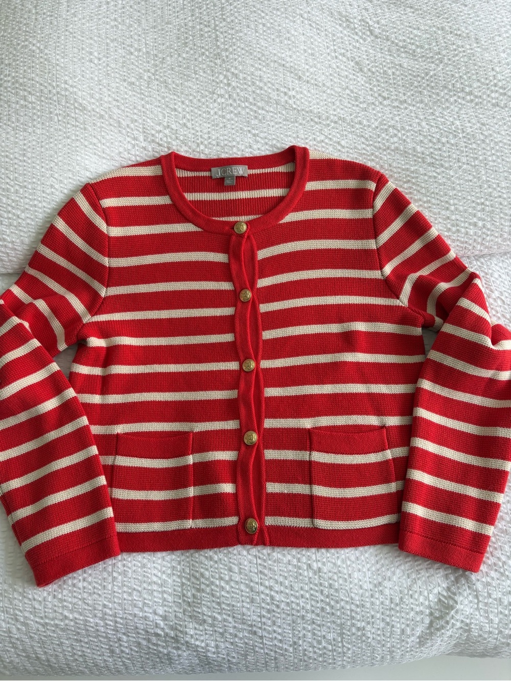 J. Crew Red and Cream Striped Button-Front Cardigan